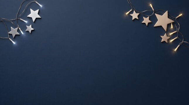 Minimalist dark blue festive celebration card featuring glowing star ornaments and string lights for holiday season