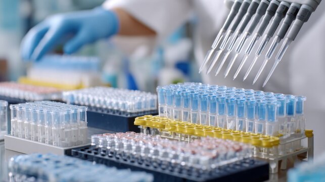 Medium shot of a scientist preparing samples for PCRbased microbiome sequencing focusing on laboratory equipment and careful pipetting technique.