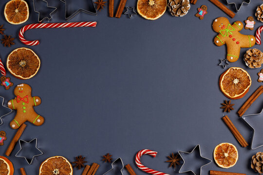 Christmas flat lay with gingerbread cookies and festive decor