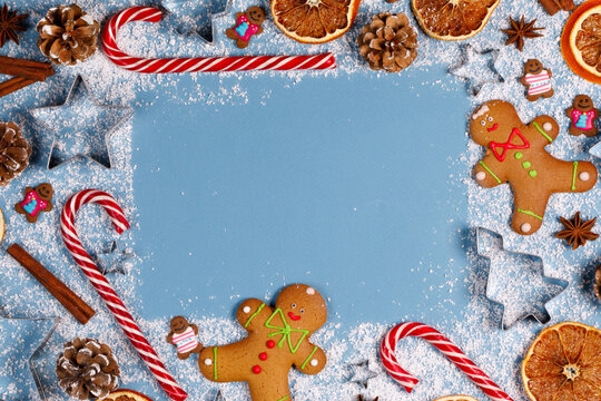 Christmas flat lay with gingerbread cookies and festive decor