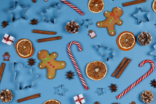 Christmas flat lay with gingerbread cookies and festive decor