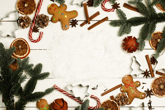 Christmas flat lay with gingerbread cookies and festive decor