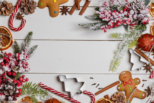 Christmas flat lay with gingerbread cookies and festive decor