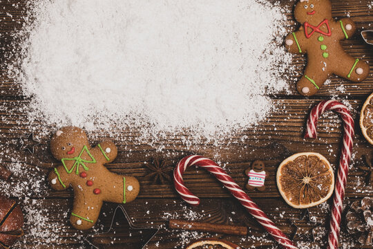 Christmas flat lay with gingerbread cookies and festive decor