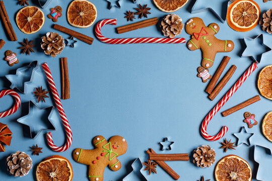 Christmas flat lay with gingerbread cookies and festive decor