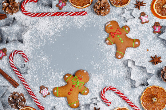 Christmas flat lay with gingerbread cookies and festive decor