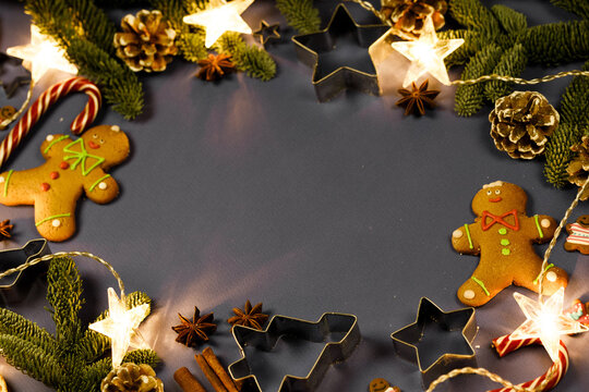 Christmas flat lay with gingerbread cookies and festive decor