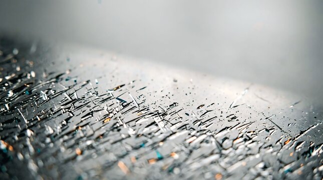 Abstract macro shot of etched metallic surface with crystalline geometric textures and soft light reflection
