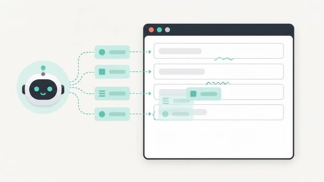 An AI assistant character filling out data fields in a web browser form automatically.