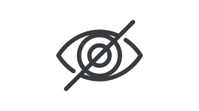 Minimalist outline graphic symbol featuring stylized eye crossed out with bold diagonal line representing hidden vision privacy concept on clean solid background