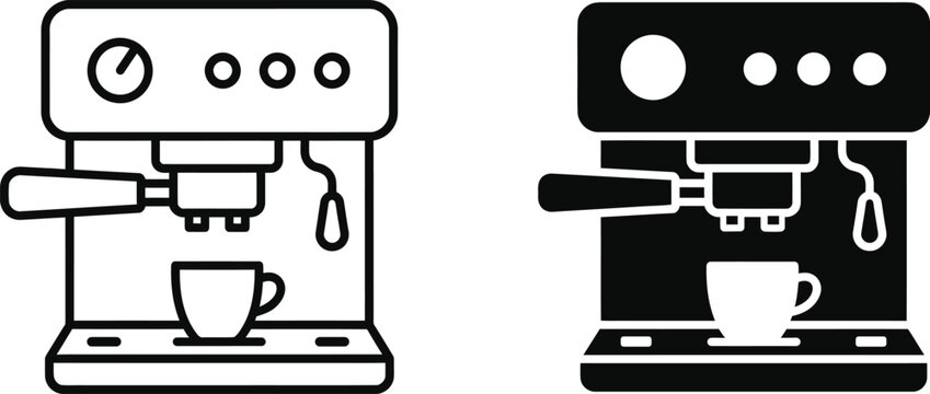Dual espresso machine designs showing outline and solid black shapes for coffee shop equipment with maker, beverage kitchen appli