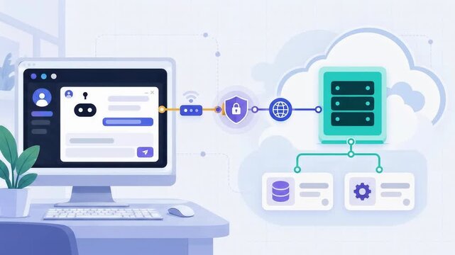 Graphic animation of a computer communicating with a cloud server architecture via internet and security shield