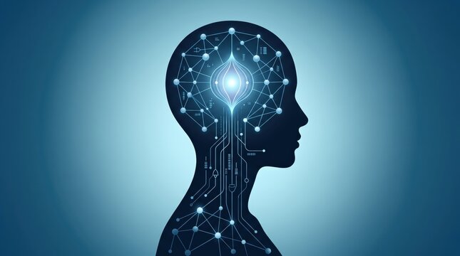 Silhouette of a human head filled with glowing neural network circuits and artificial intelligence symbols, representing cognitive computing, brain-computer interface