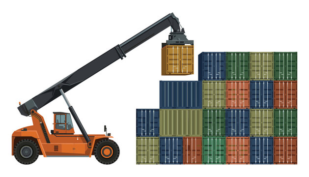 Industrial reach stacker lifting shipping container vector illustration. Logistics, port, terminal, cargo, transport, warehouse.