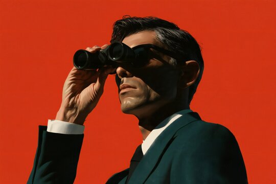 Retro-Style Businessman Looking Through Binoculars Against a Red Background - Strategic forecasting, market surveillance, spotting opportunities, competitive analysis, vision for the future.