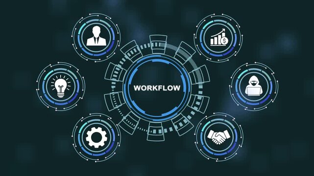Dynamic digital workflow infographic animation featuring interconnected business strategic planning symbols, networking and modern corporate process optimization hud