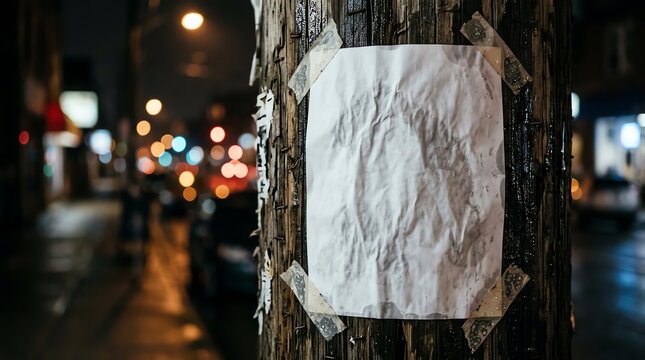 Blank paper poster mockup taped on wooden telephone pole on city street at night