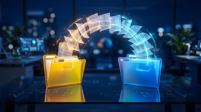 Concept of digital file transfer, cloud data synchronization, and document management system. Yellow and blue glowing folders exchanging illuminated paper documents on office desk.