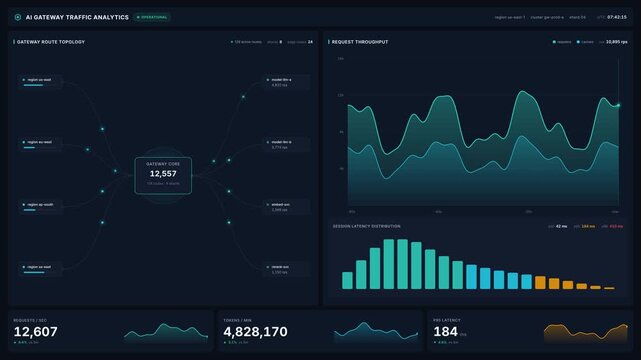 Ai gateway traffic analytics dashboard for route topology, request throughput, tokens, latency graphs, for cloud network monitoring performance management