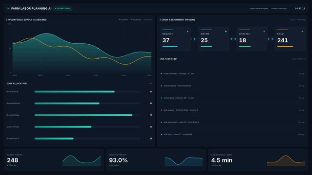 Farm labor planning ai dashboard interface for workforce supply demand analytics with crew assignment pipeline, zone allocation, live task feed for smart agriculture management