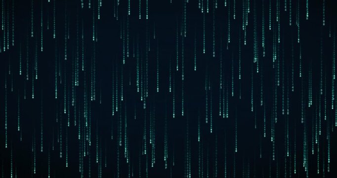 Hexadecimal code symbols cascade in a futuristic teal circuit animation, creating a mesmerizing digital rain effect.