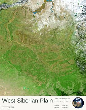 West Siberian Plain Shaded Relief Map. Physical terrain map illustration with legend, showing the geography of West Siberian Plain. Elements of the animation derived from NASA imagery and SRTM DEM.