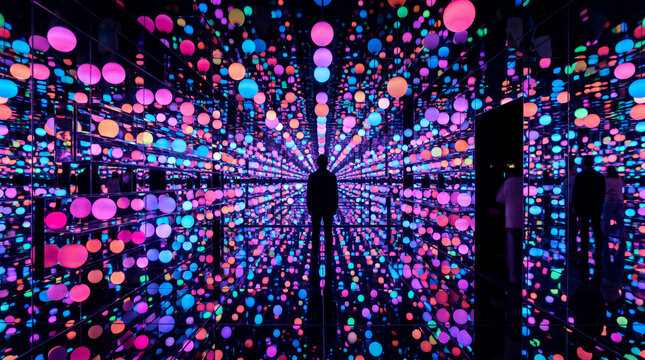 Person standing in infinity mirror room with glowing spheres