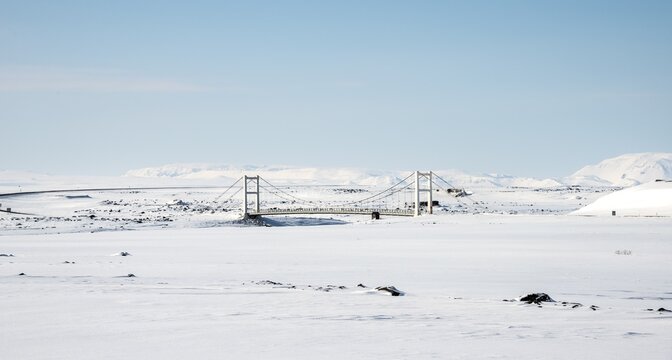 Bridge over the river J&ouml;kuls&aacute; &aacute; Fj&ouml;llum in the snow, Route 1 between Eglstadir and Myvatn, Nor&eth;urland eystra, North Iceland, Iceland