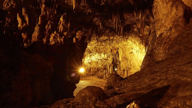 Stalactites, stalagmites, hall, star-shaped light, artificial lighting, Drongarati Cave, stalactite cave, Kefalonia Island, Ionian Islands, Greece