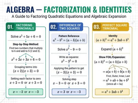 Algebra factorization and identities guide showing quadratic equations and step by step methods
