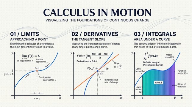 Calculus in motion infographic showing limits derivatives and integrals on white grid background