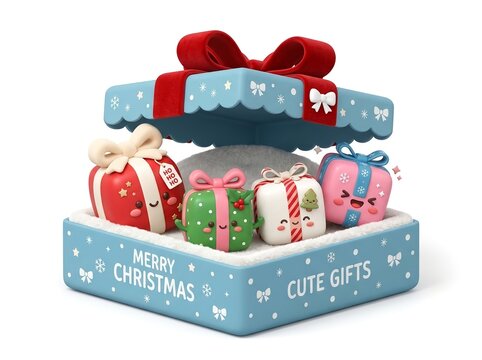 Christmas Gift Box, Presents and Cute Holiday Decorations. for Christmas greeting cards, holiday gift promotions, seasonal advertising, festive shopping campaigns, gift wrapping inspiration, children