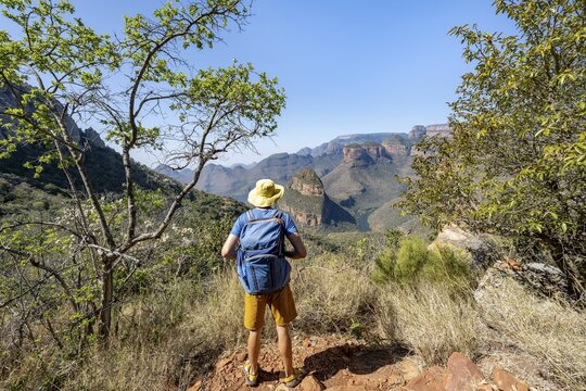 Hiker looking at canyon landscape, River loop at Blyde River Canyon with Three Rondawels peak, View of canyon with Blyde River and Table Mountains, Canyon landscape, Panorama Route, Mpumalanga, South Africa