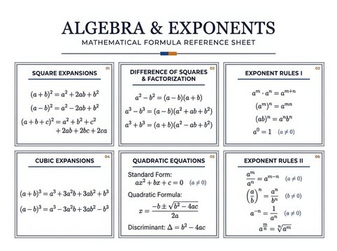 Algebra and exponents mathematical formula reference sheet with six organized educational boxes