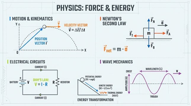 Physics force and energy infographic showing motion laws circuits and wave mechanics diagrams