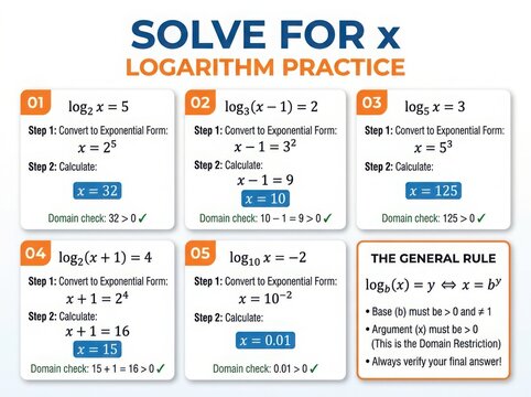 Solve for x logarithm practice worksheet with five math problems and general rule