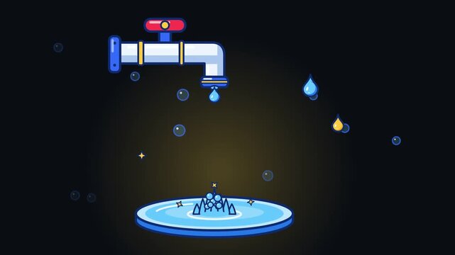 Animated dripping faucet with water drop splash and ripples, bold vector tap, transparent background, 4K loop