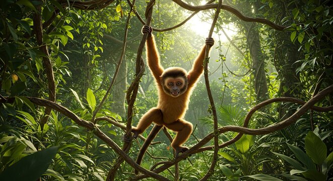 Playful Monkey Swinging Through Lush Jungle Canopy, Sunlit Adventure