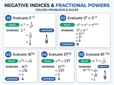 Negative indices and fractional powers math guide with five solved example problems
