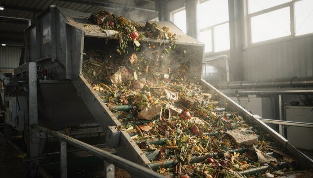 Medium shot of municipal organic waste being transferred to an anaerobic digester feed system with blurred surroundings highlighting environmental energy reuse