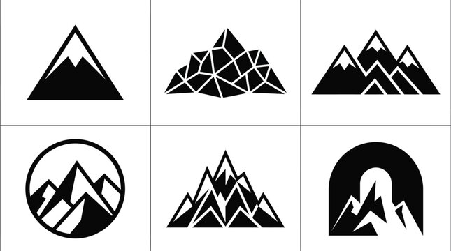Set of minimalist mountain icons and logos in black and white style