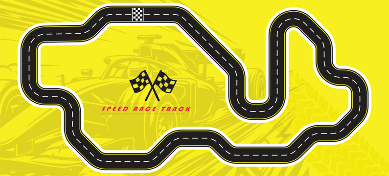 Speed Race Background. Race track in black color with tyre marks and city map on a white background.