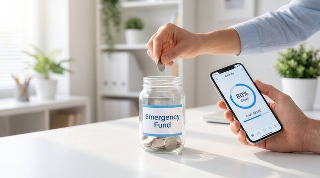Person putting coin into emergency fund jar while checking banking app savings goal on smartphone, capturing financial security and proactive money management for personal finance marketing.