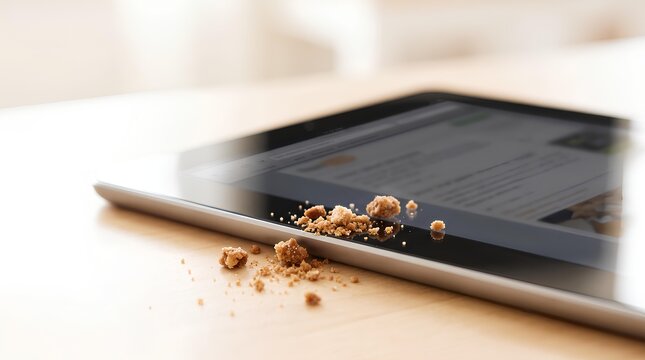 Dirty tablet computer screen covered in food crumbs on a desk.
