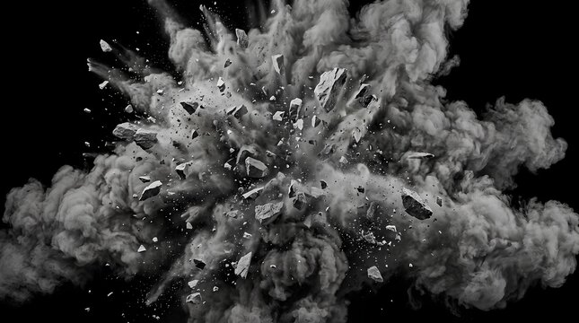 Dramatic explosion of debris and grey dust clouds against a solid black background.