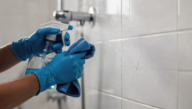Technician applying sanitizing solution to bathroom tiles clear emphasis on hands and equipment while pipes and fixtures remain out of focus.
