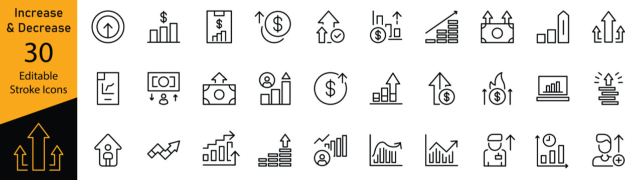Increase and Decrease Financial Line Icons Set &ndash; Money Flow, Revenue Changes, Investment Growth and Economic Trends