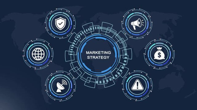 Dynamic marketing strategy infographic animation featuring futuristic digital hud interface with global business financial growth symbols, and data analytics connectivity for corporate presentations