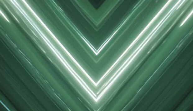 abstract animation featuring a bold V-shaped formation composed of hundreds of fine, parallel luminous light streaks against a rich emerald-green textured background