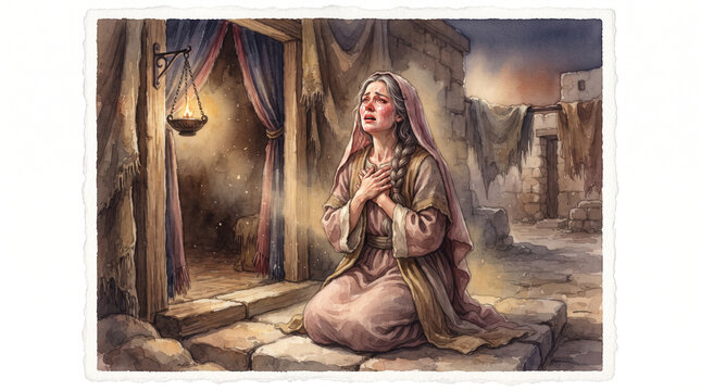Hannah kneeling in deep emotional, silent prayer at the sanctuary doorpost in Shiloh, pouring out her soul before God with tears as aged priest Eli watches.